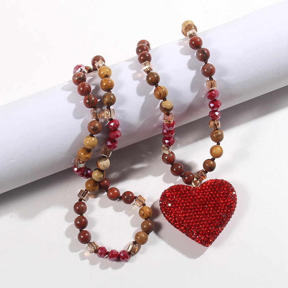 Fashion Bohemian Jewelry 8mm Natural Stone Crystal Glass Long Knotted Necklace Crystal Heart Pendant Necklace For WomenGift 250604
