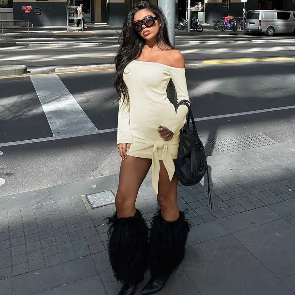 Sexy Off Shoulder Long Sleeve Bandage Party Dresses For Women 2025 Fall Winter Slash Neck Bodycon Lace-up Mini Dress Streetwear XJ250610