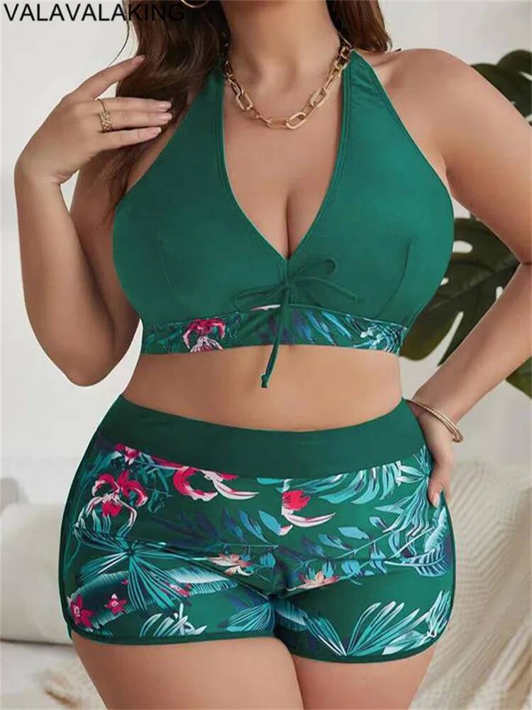 2025 Patchwork Two Piece Plus Size Bikini Women Tied Halter Large Swimsuit Push Up Lady Chubby Swimwear Beach Curvy Bathing Suit
