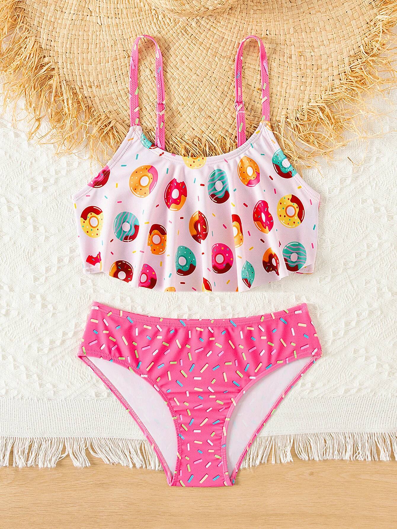 Donut Print Ruffle Deco Bikini Set Summer Beach Outdoor Cute 2-piece swimwear Contrast Adjustable Girls Kids Swimsuit