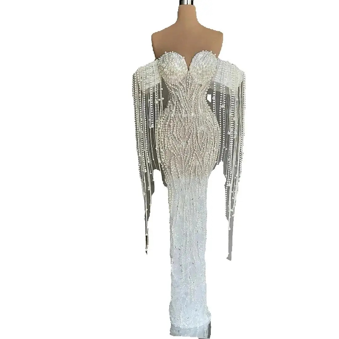 Stunning Tassels Beaded Wedding Dress Luxury Off The Shoulder Mermaid Bridal Gown Fashion Pearls Bride Dresses Customized