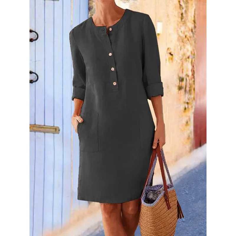 Women Casual Soild Long Sleeve Cotton And Linen Tunic Dress Vintage Straight Dress Long Sleeve Oversized Mini Knee-Length DressXJ250610