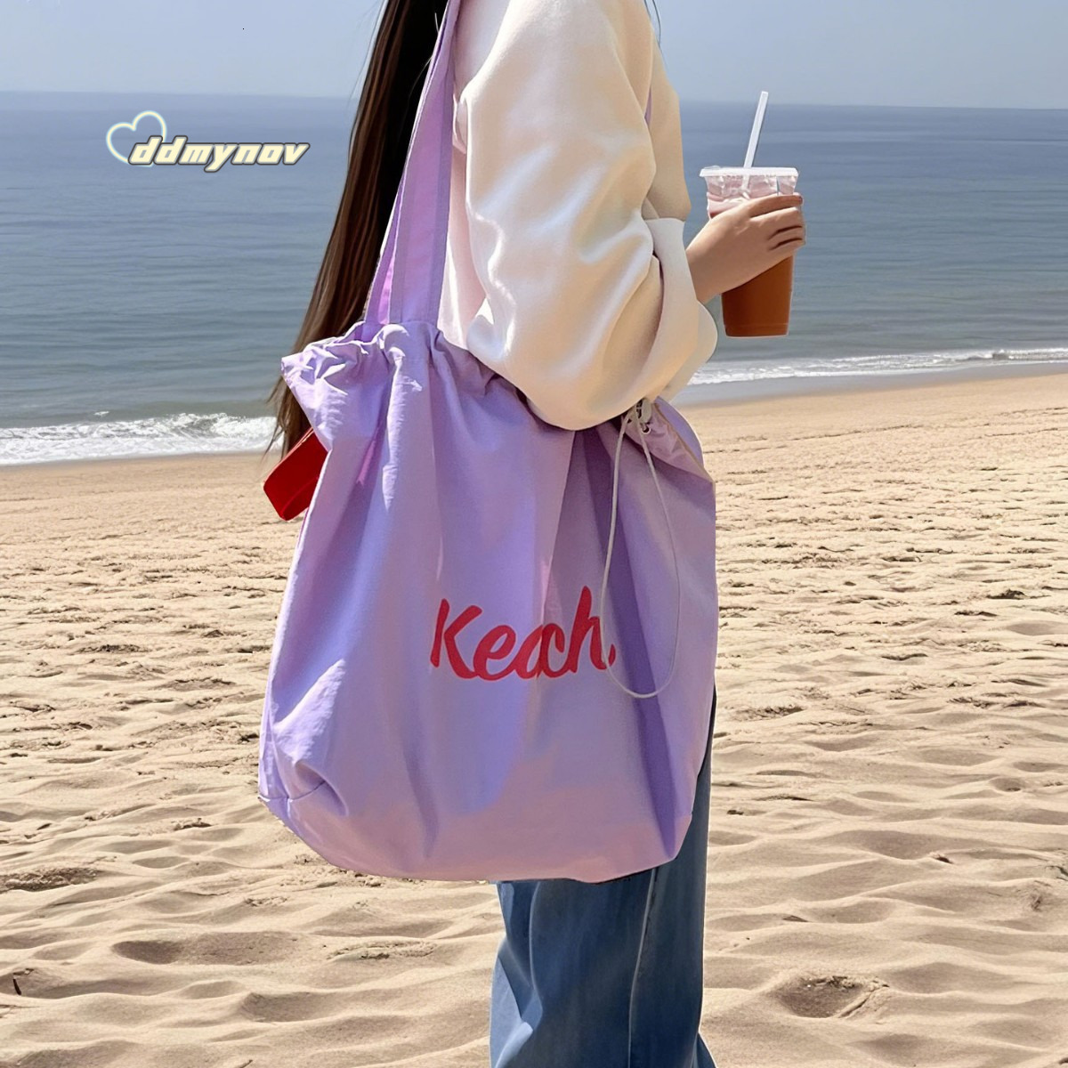 2025Korean Style New Letter Print for Women Large Capacity Nylon Shoulder Casual Versatile Portable Drawstring Tote Bag ddmynov