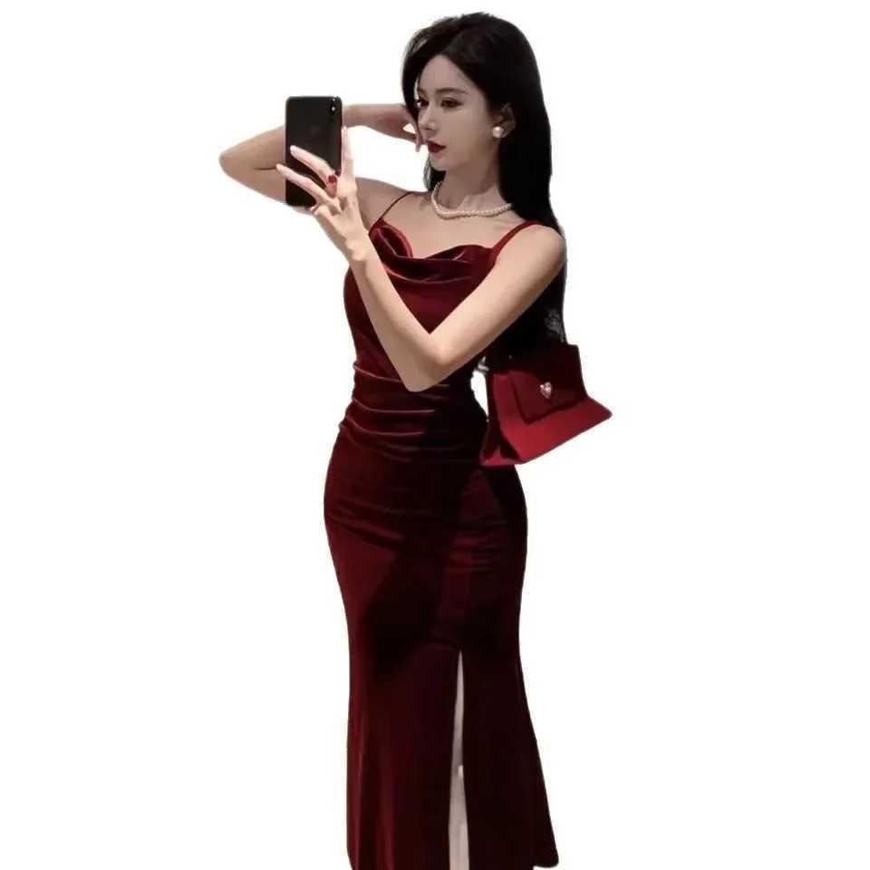 French Velvet Strapless Long Dress Women Summer Sexy Tight Fish Tail Gown Slit Bodycon Dress Sleeveless Elegant Evening Gown XJ250610