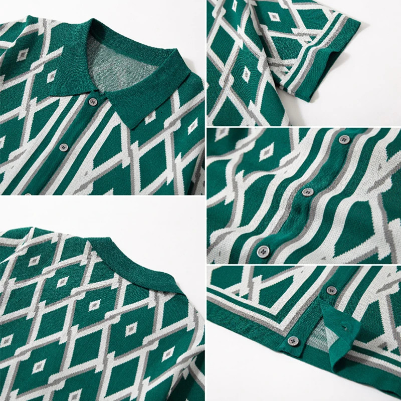 Mens Knitted Jacquard Business Polo Shirt Fashion Short Sleeve Buttondown Cardigan Vintage Leisure Knitwear Summer 250610