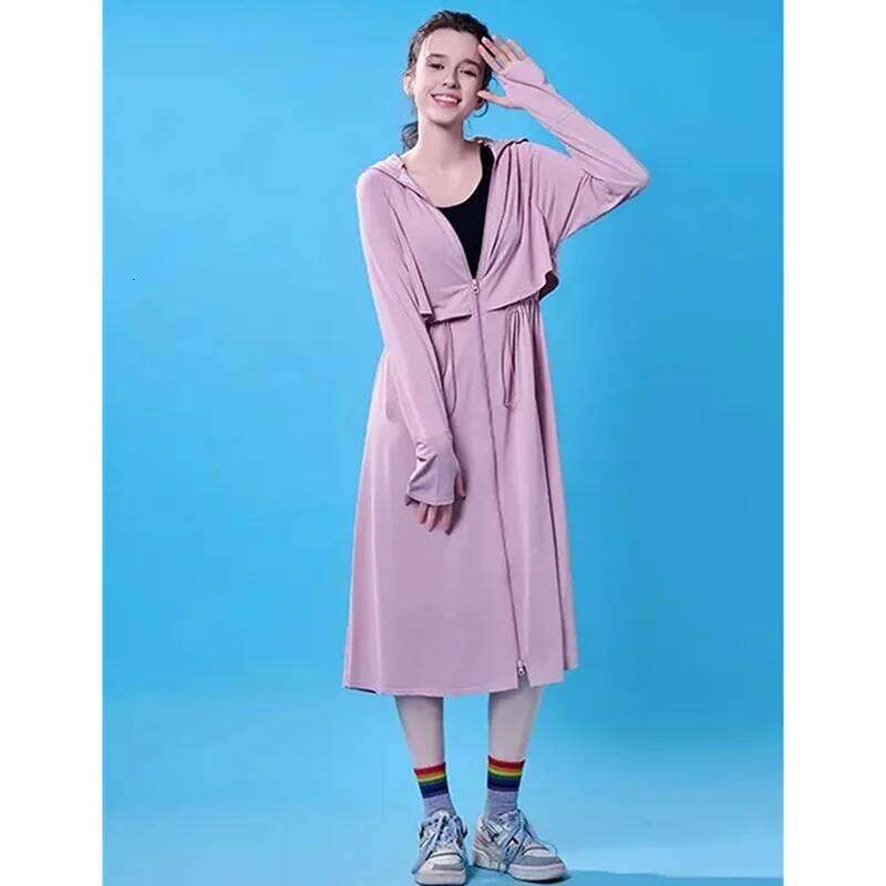 Korean Women Over The Knee Sunscreen Clothing Summer Lady Ice Silk Sun Protection Shirt Female Fashion Hooded Ultraviolet Proof