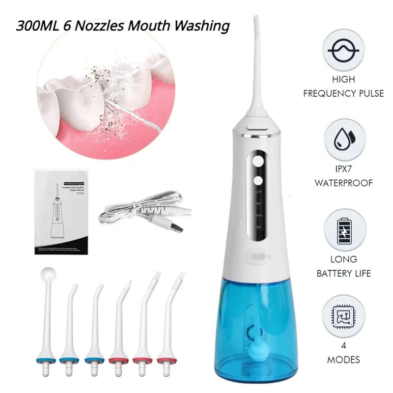 Portable Oral Irrigator Dental Water Flosser Dental Water Jet Tools Pick Cleaning Teeth 300ML6Nozzles Mouth Washing MachineFloss 250605