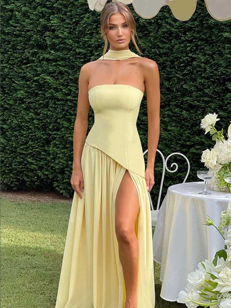 Elegant Yellow Gauze Off Shoulder Scarf Neck Long Dress Women Fashion Sleeveless A-line Vestido 2025 Summer Vacation Party Robe XJ250610