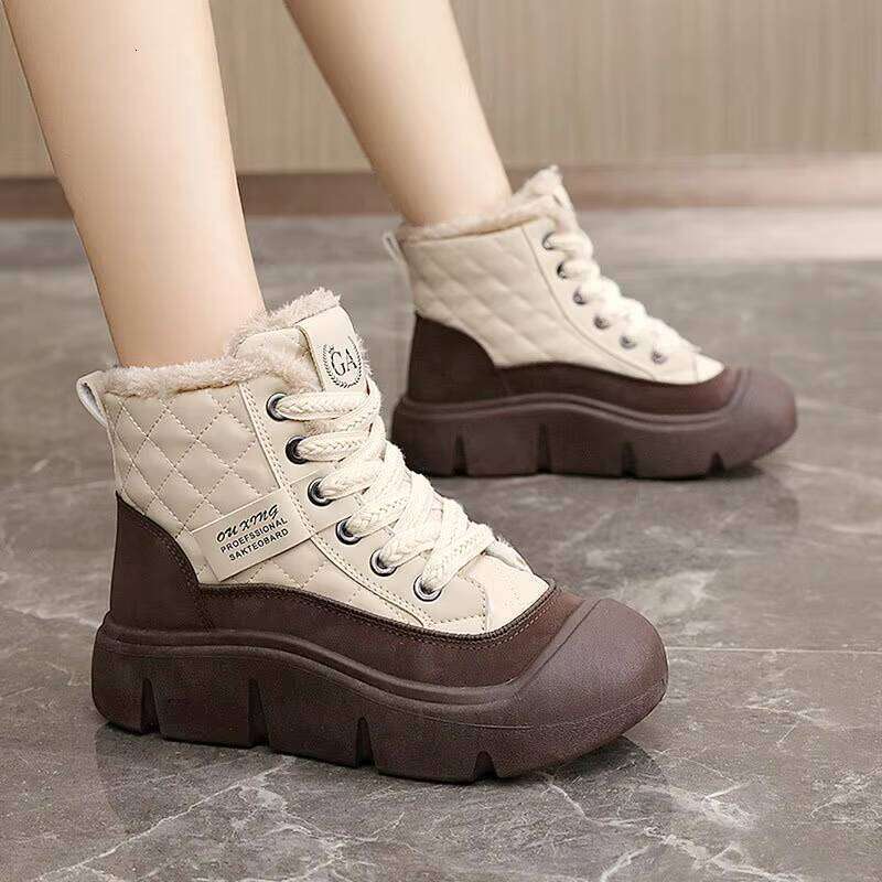 Trendy Lace-up Casual High Top Women Fleece Winter Shoes PU Leather Thick Sole Sneakers