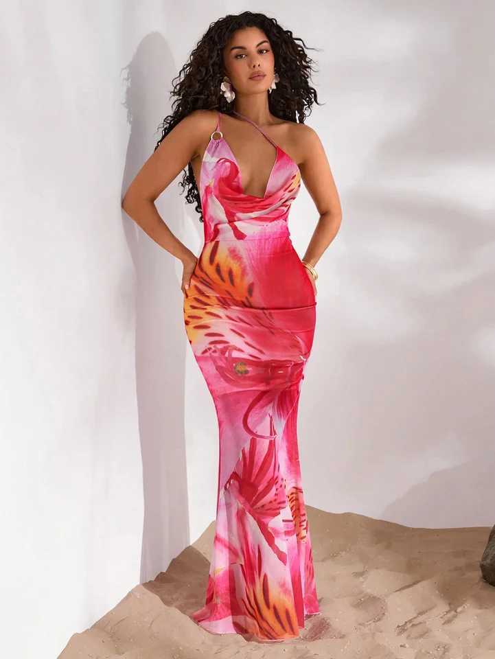 A new spring and summer womens printed sleeveless one-shoulder off-the-neck sexy backless super long dressXJ250610