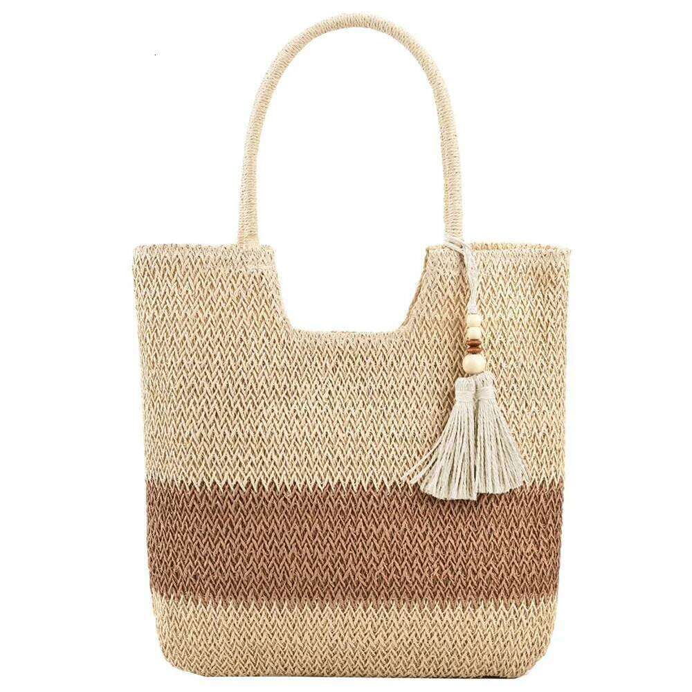 Summer Ladies Woven Contrast Color With Tassels Shopping Tote Bag Large-Capacity Handmade Casual Simple For Seaside Holiday