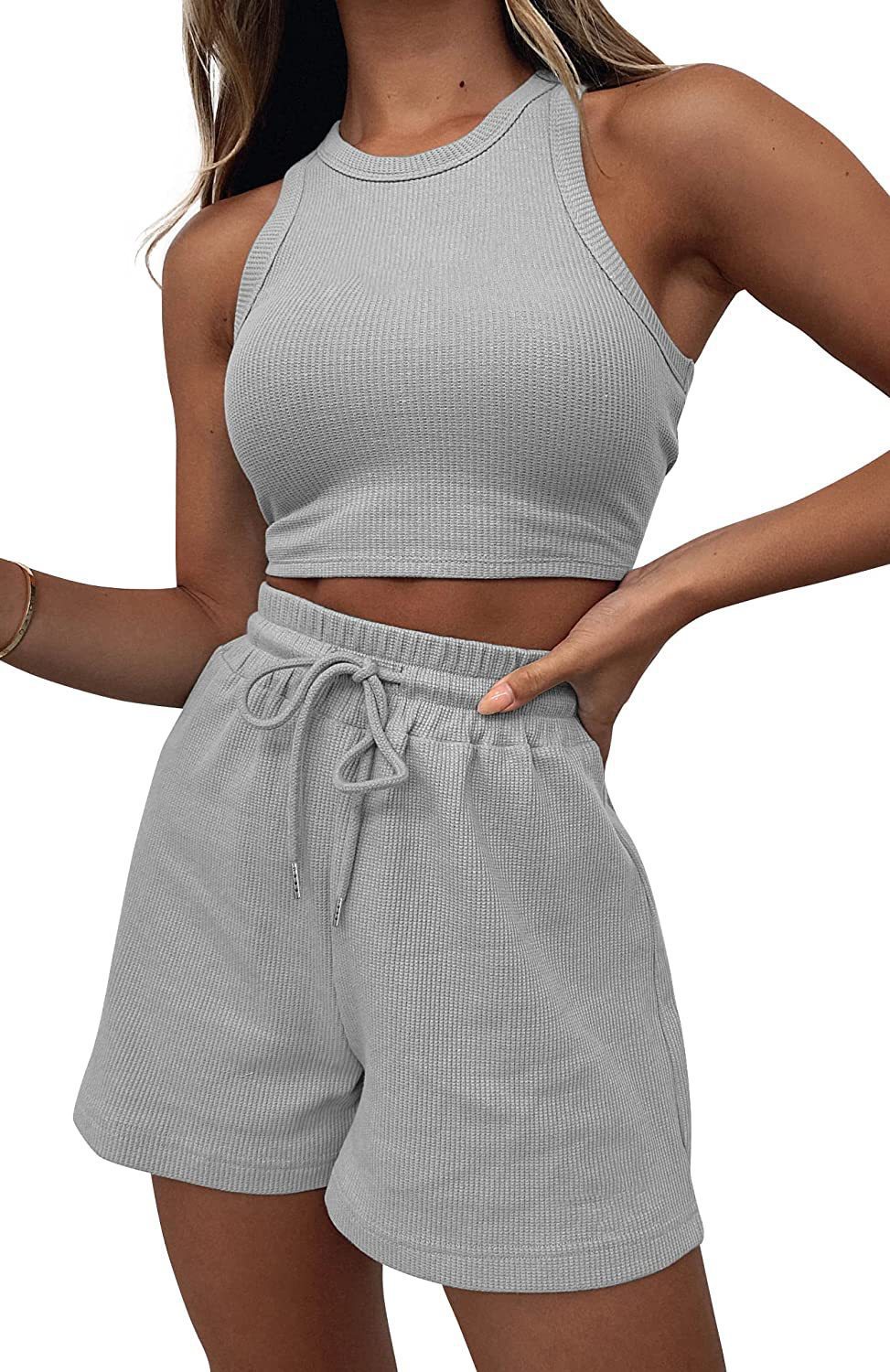 Designer Women Sportswear Sleeveless Waffle 2-piece Set Women Solid Color Shorts Tank Top Strap Shorts Summer Sexy Casual Sportswear