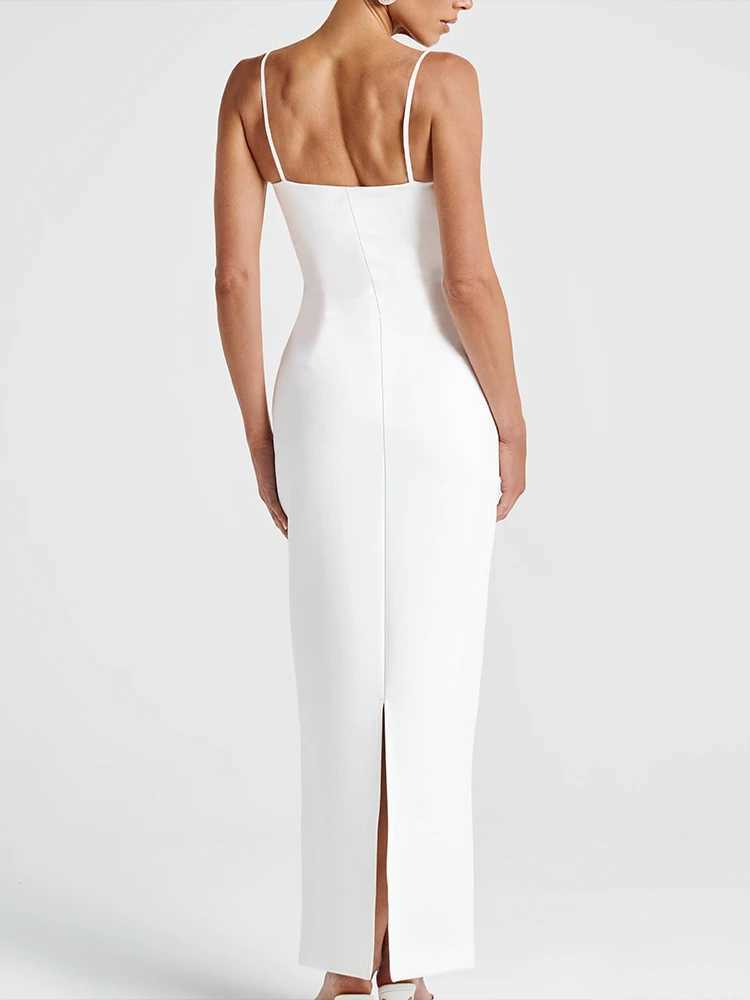 Weird Puss Pearl-Decorated Dress Women Sexy Solid Slim Slit Patchwork Spaghetti Strap Elegant Midnight Clubwear Party Dresses XJ250610