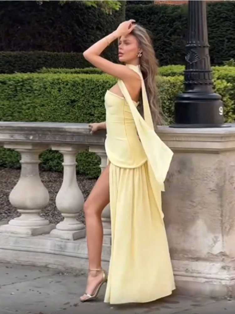 Elegant Yellow Gauze Off Shoulder Scarf Neck Long Dress Women Fashion Sleeveless A-line Vestido 2025 Summer Vacation Party Robe XJ250610