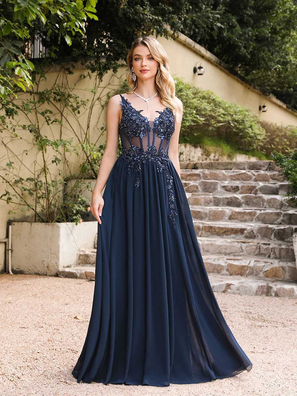 Spaghetti Straps Navy Blue A Line Evening Dresses 2025 Elegant Beaded Appliques Illusion Prom Gowns Formal Party Dress XJ250610