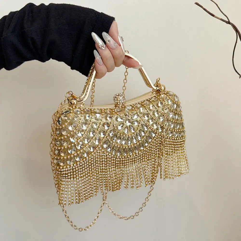 Metal Top Handle Tassel Evening Banquet Bag Glitter Wrist Bag Box Handbag Large Capacity Rhinestone Ladies Clutch Bag Women 250606