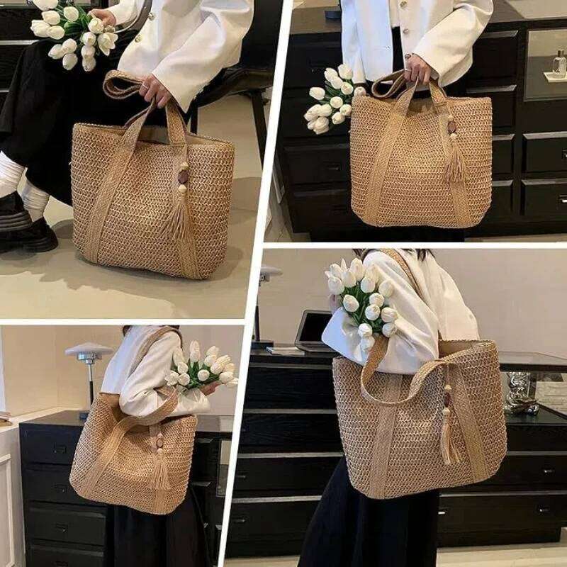 2024 Large Capacity Weave Tote Summer Beach Straw Handbag Tassel Design Female Bohemian Shoulder Bag For Women Ladies