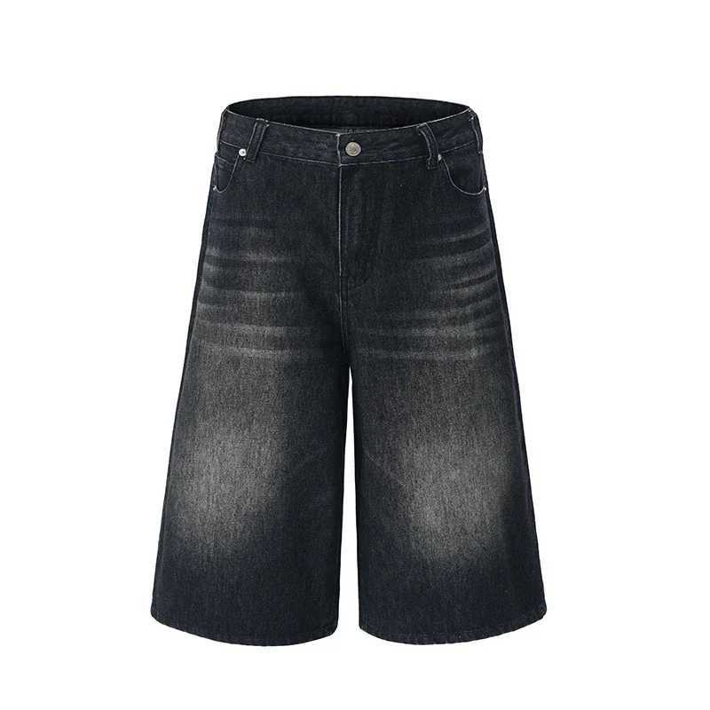 2025 Summer American Lightning Crack Denim Cropped Pants Mens Straight Loose Wide-leg Shorts Street Baggy Casual Pants M250610