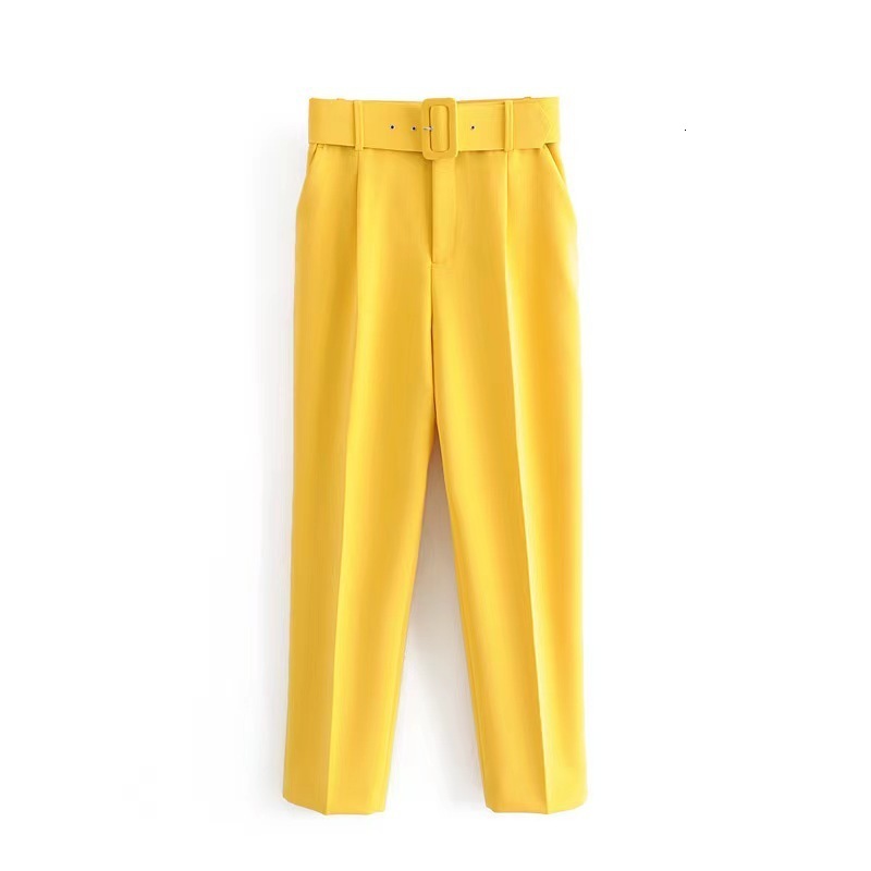 New Style Casual Pants with Slight Stretch Slim Fit Slimming Waistband Decoration Solid Color Straight Leg Suit Style Nine-Tenths Length240807