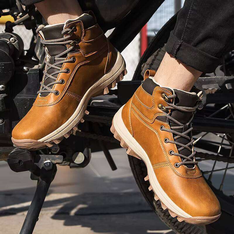 Outdoor Leather Motorcycle High Top Shoes Anti-slip Out Sole Hiking Boots Big Size Sneakers for Men
