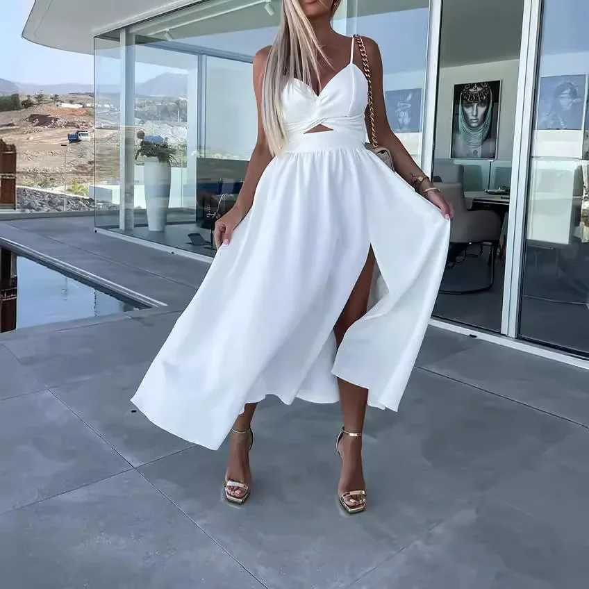New Style Womens Clothing TankV Neck Big Swoop Dress Slims You Smooths Your Silhouette Open-Back Medium Length Dress XJ250610