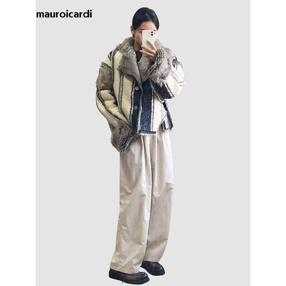Mauroicardi Winter Short Oversized Thickened Warm Colorful Fluffy Faux Sheepskin Fur Jacket Women Designer Unisex Clothes