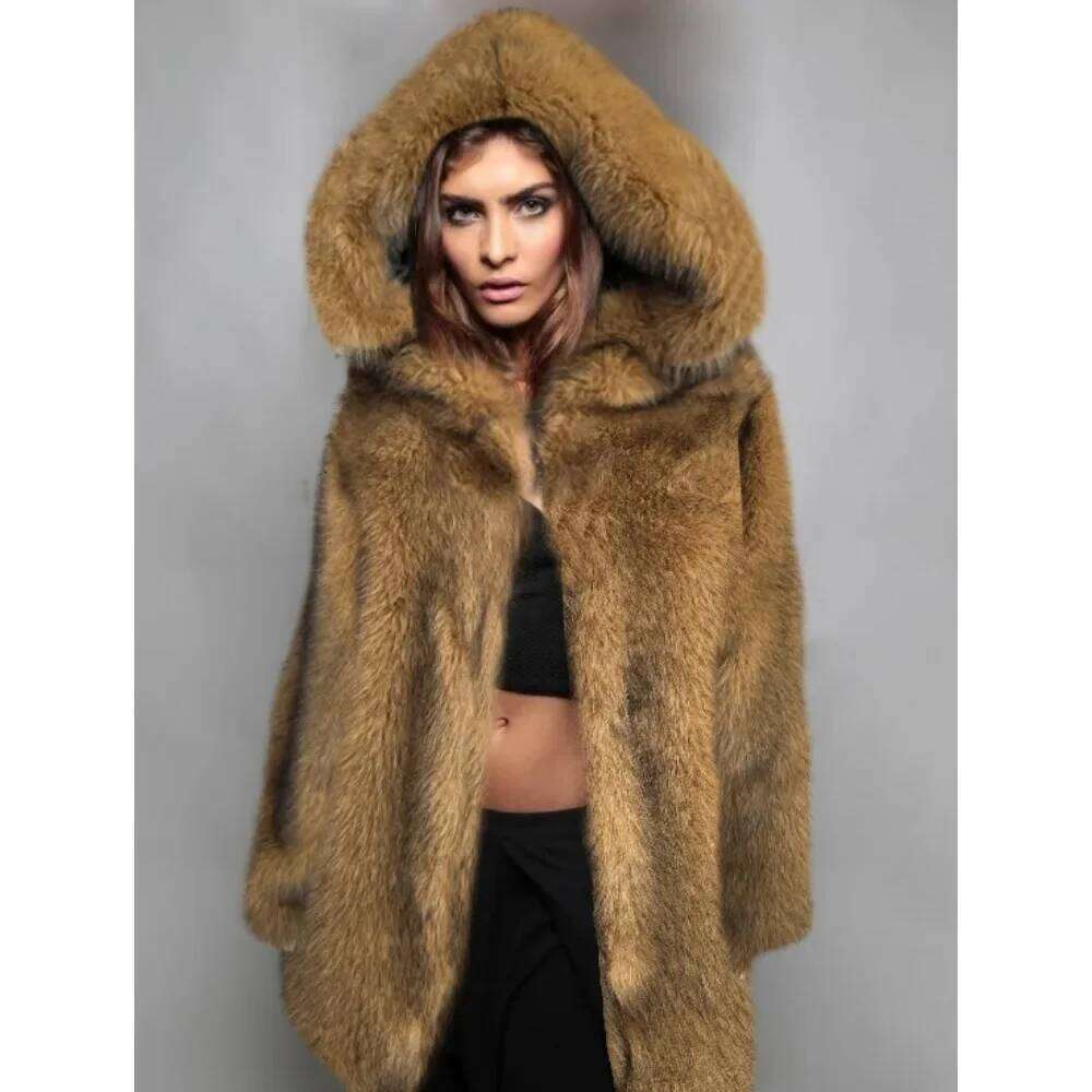 Coat Women Clothing Trend Fluffy Hooded Fur Zipper Long Sleeve Design Chic Faux Fox Jacket Warm Outerwear
