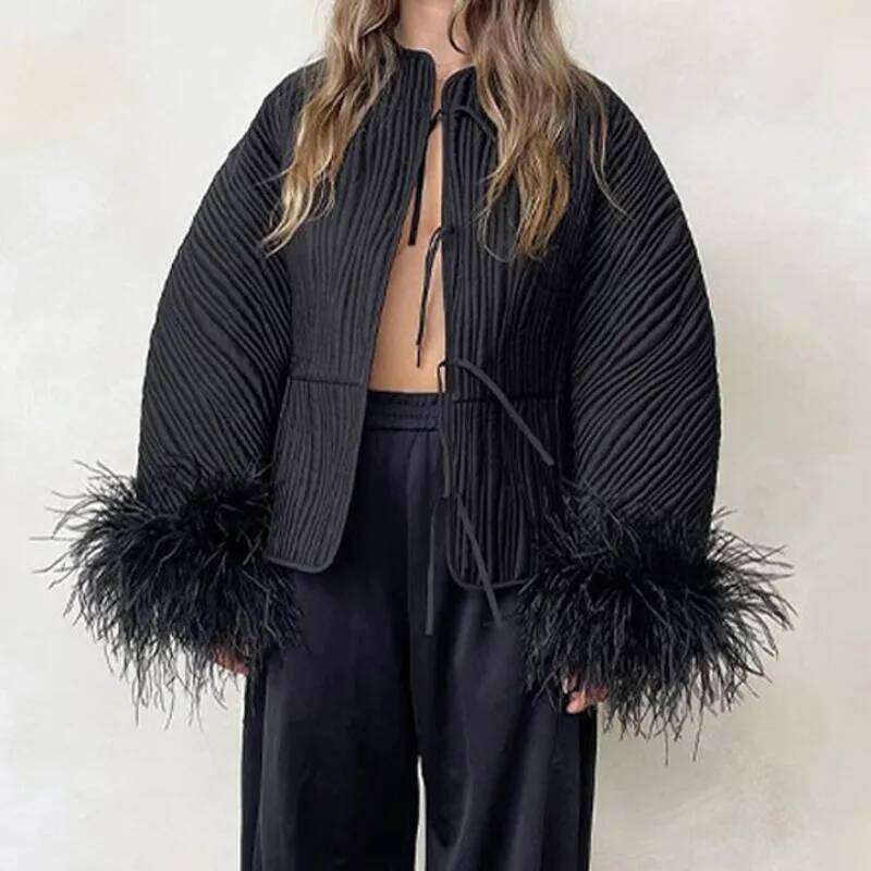 Black Spliced Feather Cuff Lace Up Coat Women Fashion O Neck Long Sleeve Quilted Loose Jacket 2024 Autumn Lady Chic Streetwear