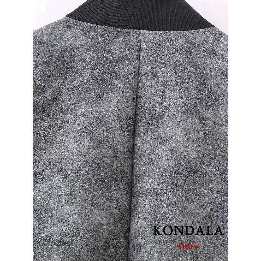 KONDALA Chic Solid Gray Faux Leather Streetweat Long Sleeve Zipper Jacket Fashion 2023 Autumn Casual Cool Y2K Pockets Outwear