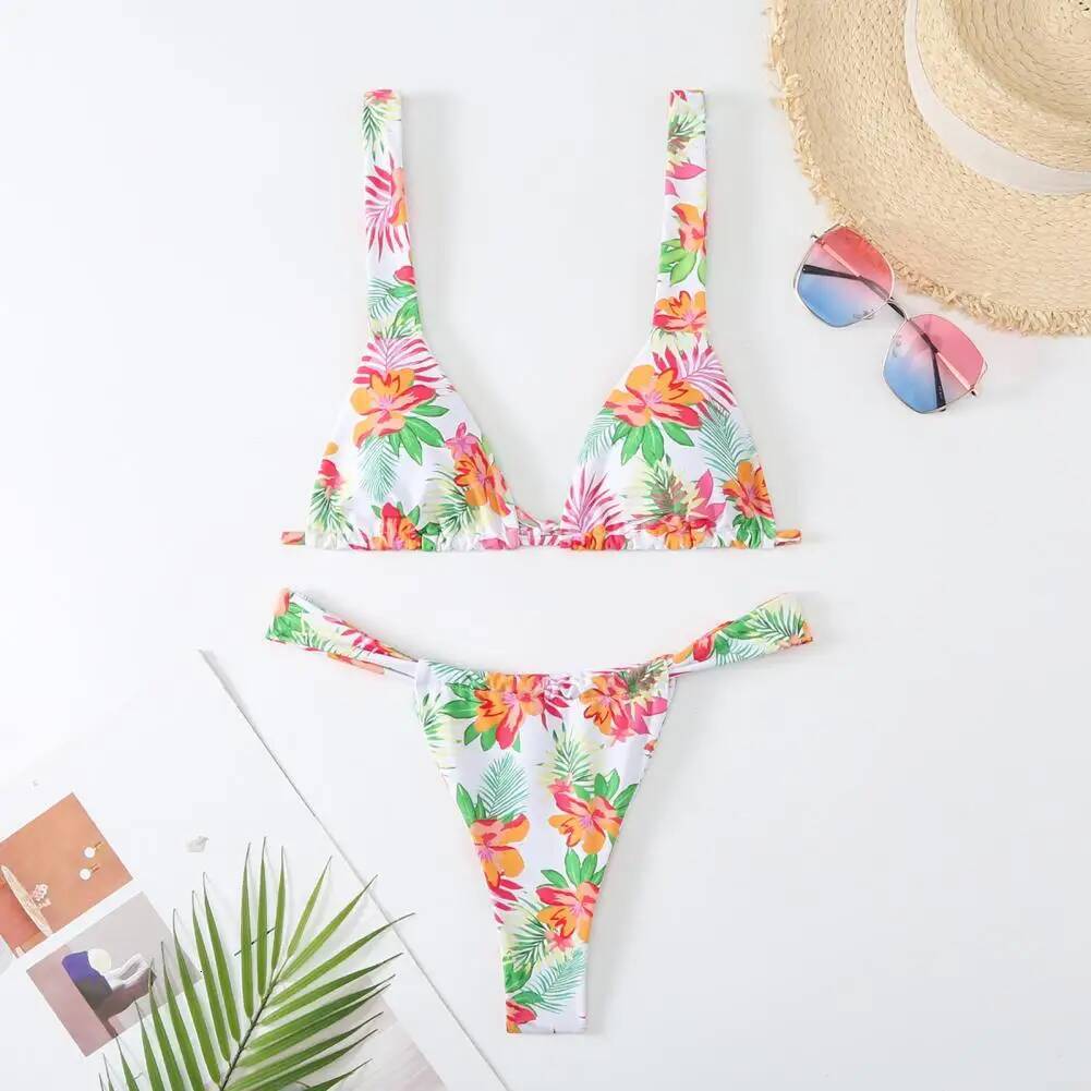 Reversible Two-piece Swimsuit Floral Print V-neck Bikini Set with High Waist Women for Summer