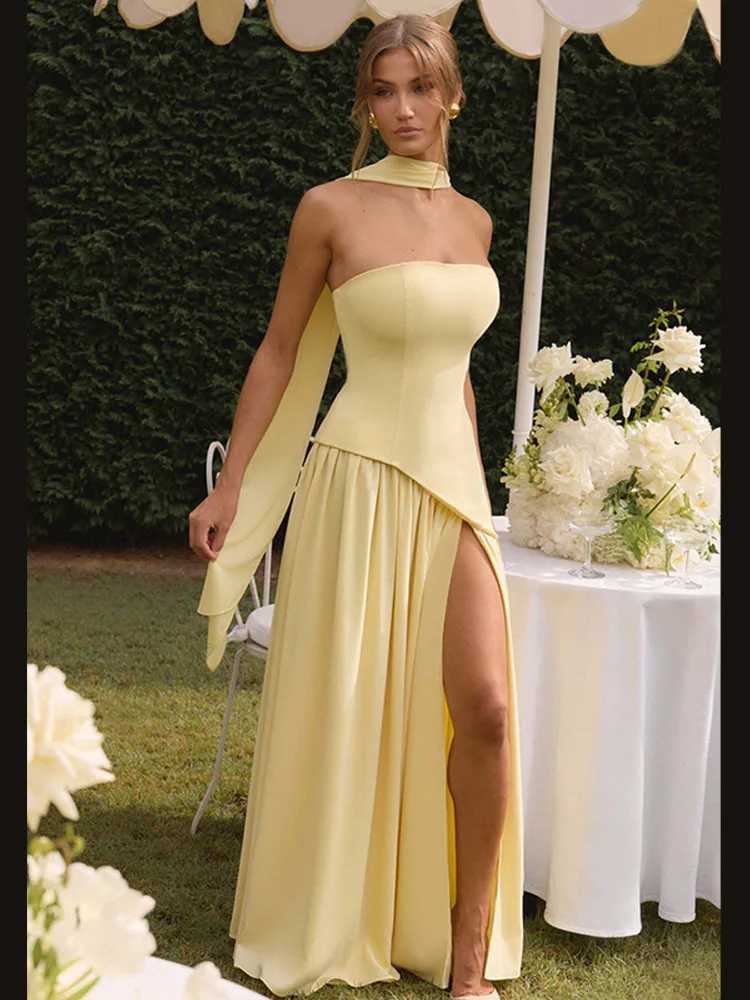 Yellow Scarf Collar Strapless Party Dress Women 2025 New High Slit Backless Spliced Pleated Robes Female Summer Party Prom Gowns XJ250610