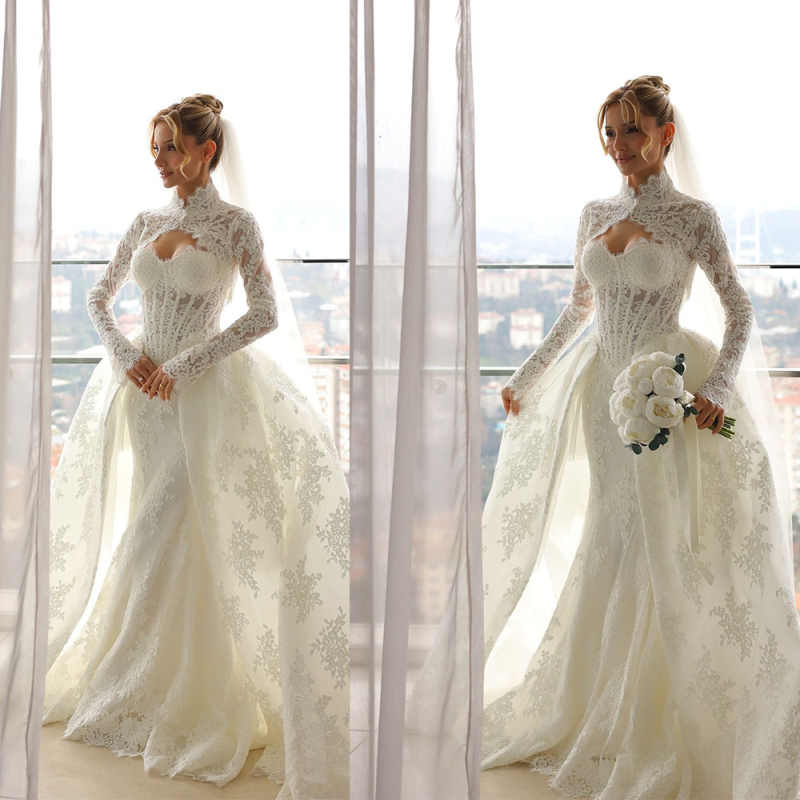 Simple Mermaid Wedding Dress High Collar Long Sleeves Bridal Gowns Lace Detachable Train Dresses Custom Made vestidos de novia