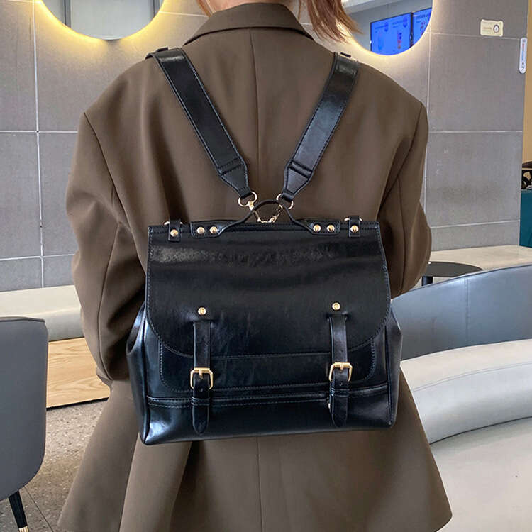 Artistic College Style Backpack Oil Wax Leather Texture Large Capacity Simple Commuter Crossbody Messenger Bag