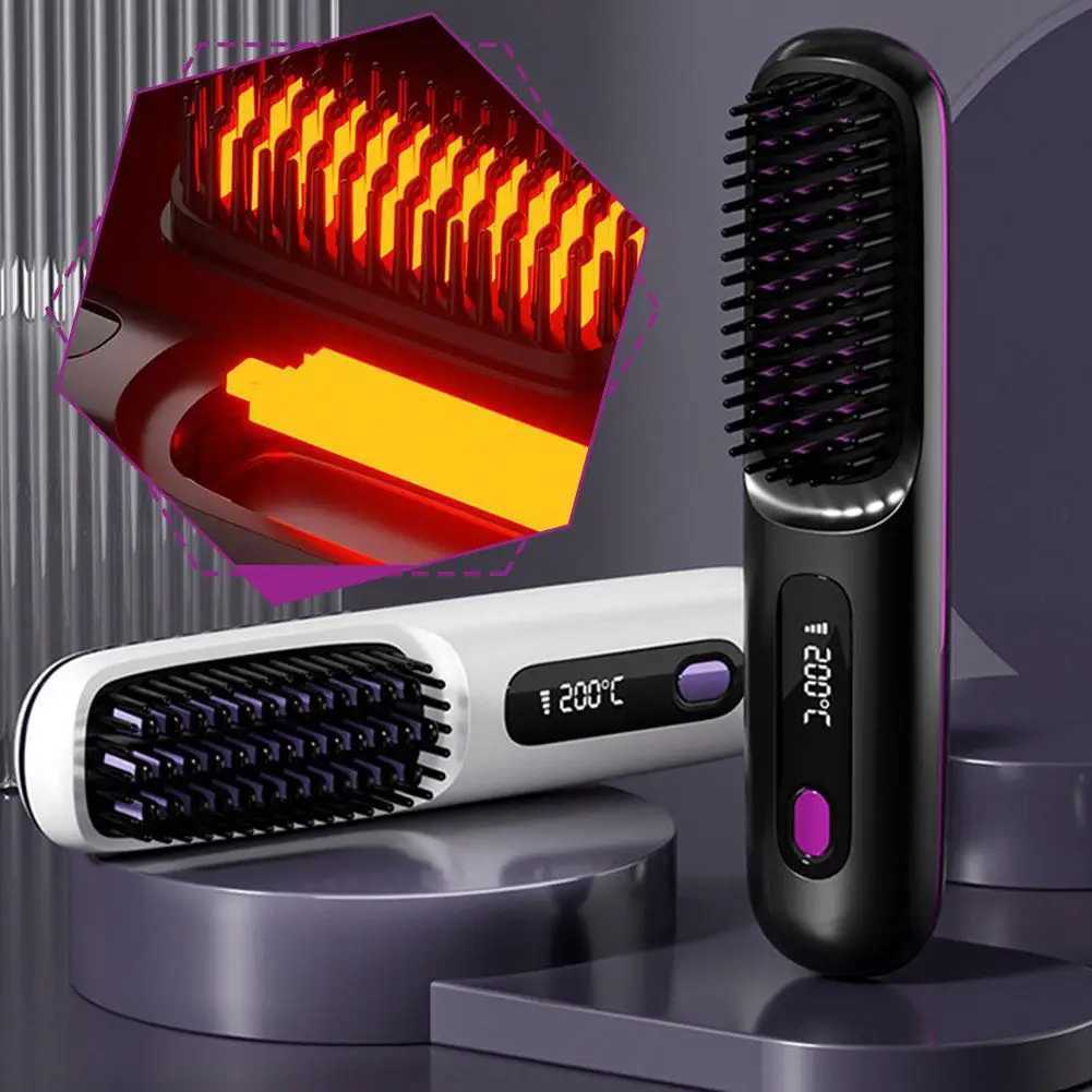 Wireless Portable Hair Straightener Brush Electric Hair Heated Brush Ion Straightening Tool LCD Comb Styling Negative Strai F4D1 W250610