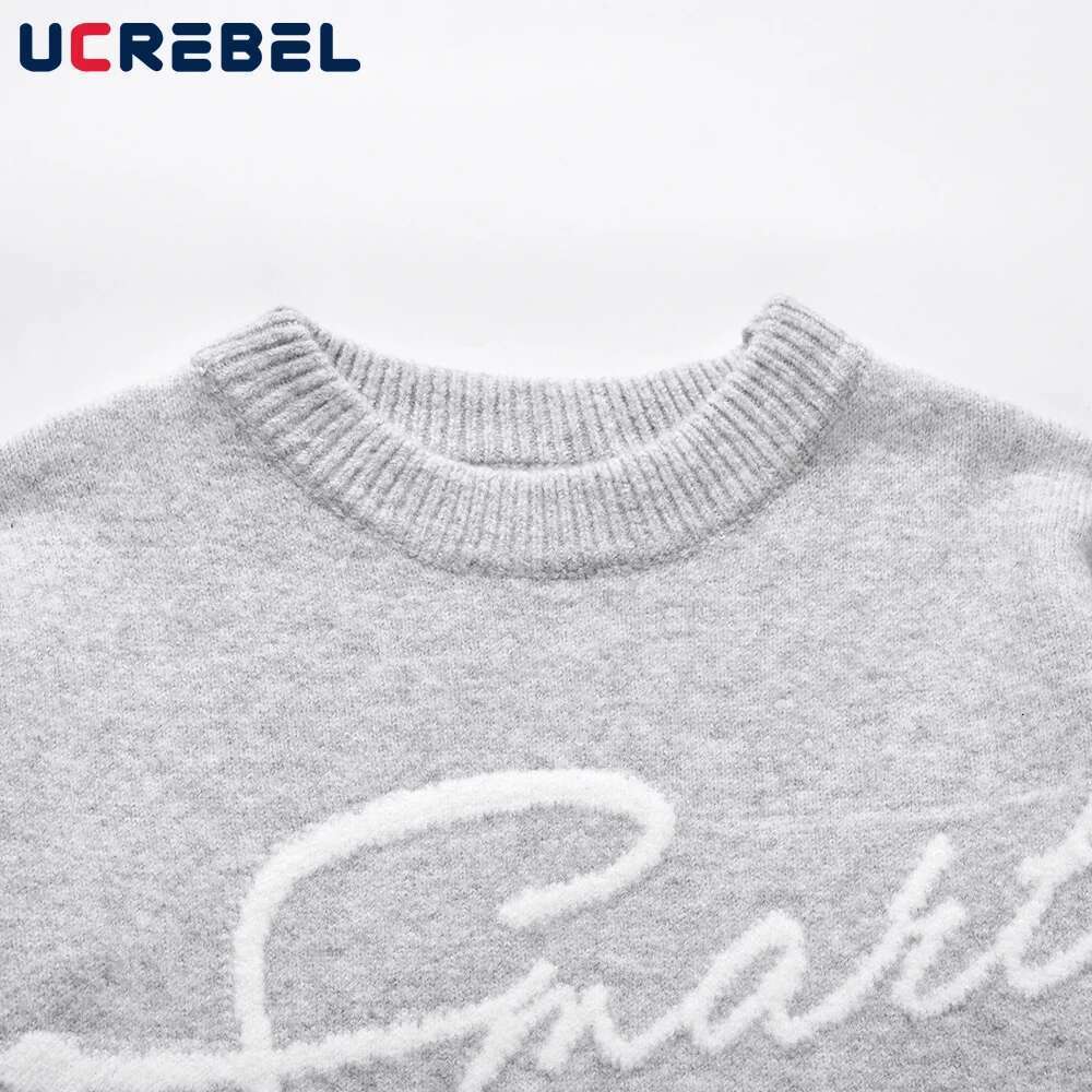 Letter Embroidery Crew Neck Sweater Menns Streetwear Loose Long Sleeve Knitted Pullover Men Autumn