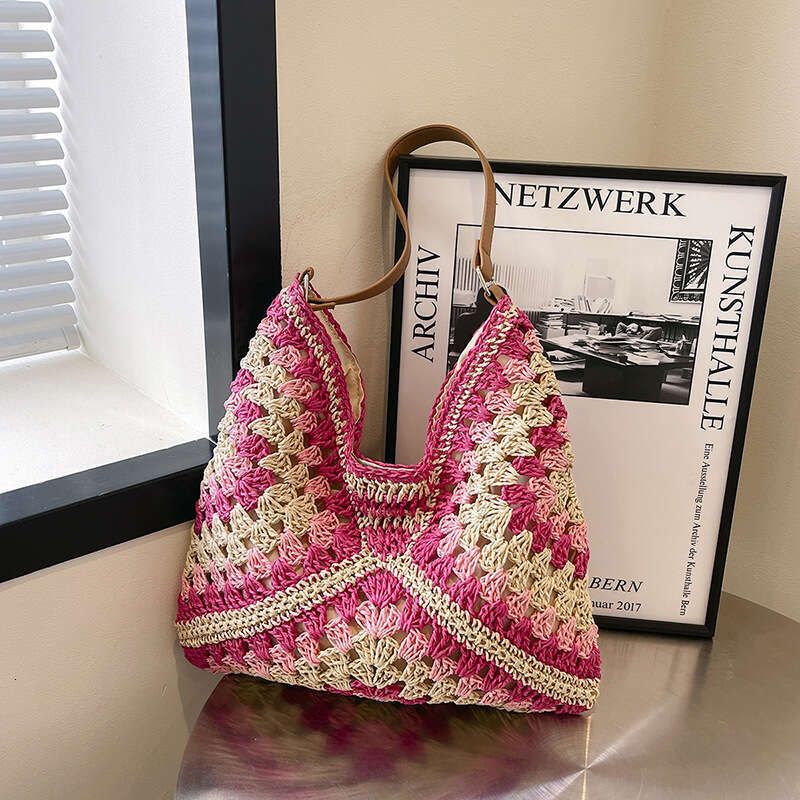 Straw Beach Tote Trendy Large Capacity Versatile Fashion Paper Rope Woven Vacation Commuter Belt Underarm Shoulder Bag Straw Large Tote
