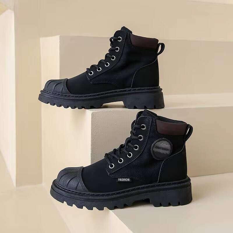New Canvas Shell Head Casual Short Boots, Work Suit Boots with Thick Sole, Tall and Slim PU Adult Men Winter Shoes Rubber