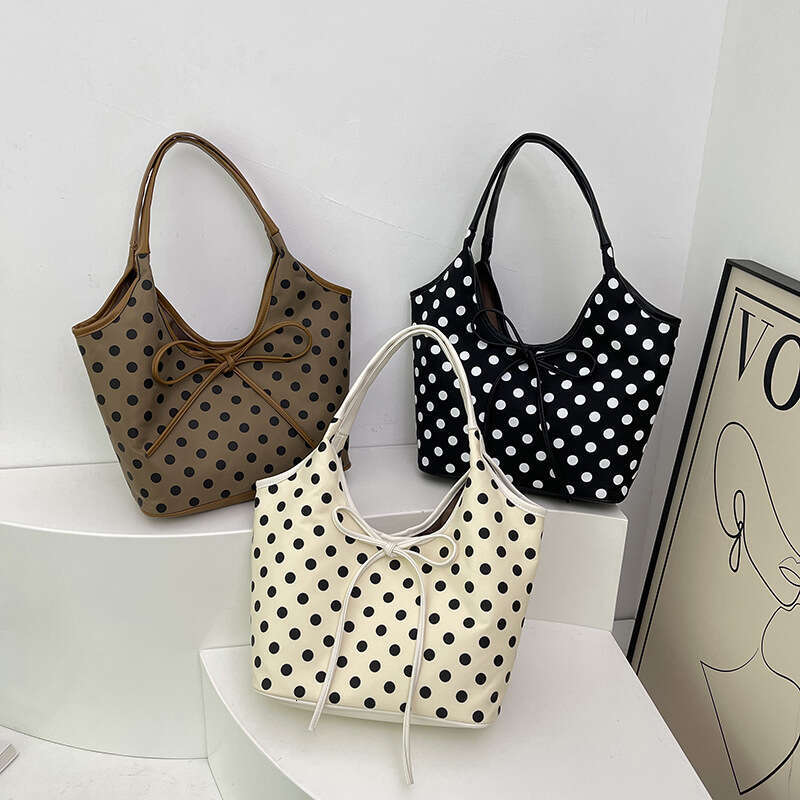 Korean Style Polka Dot Fashion Shoulder Large Capacity New Personality Handbag Basket With Bowknot Strap Underarm Bag