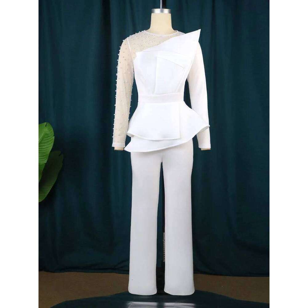 AOMEI Women Jumpsuit Vintage Beaded Long Sleeve Patchwork Mesh One Piece Romper Beading Elegant Party Birthday Event African New