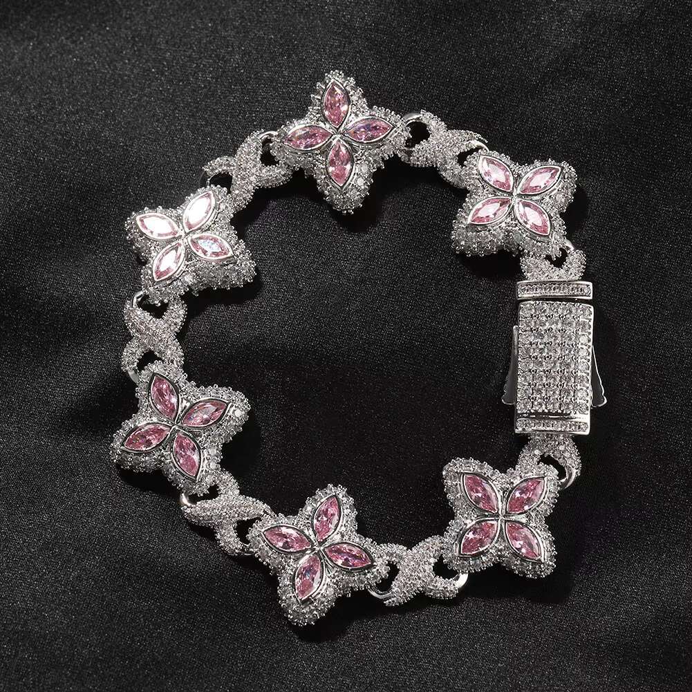 Pink Stone Clover Necklace Bracelet Jewelry Set Hip Hop Jewelry Famous Design Woman Necklace Clover Bracelet Cuban Chain