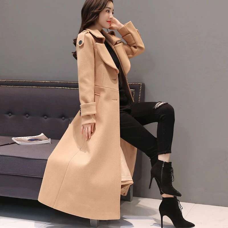 Women's Long 2023 Spring Autumn New Korean Waist Slimming Over-Knee Thick Keep Warm Woolen Coat Lady Overcoat
