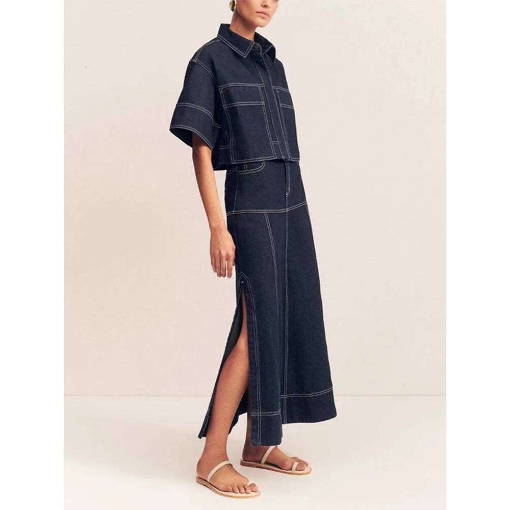 Trendy Women's Contrast Ing Denim Set Short-Sleeve Crop Top Matching High Waist Maxi Skirt Summer Casual Outfits