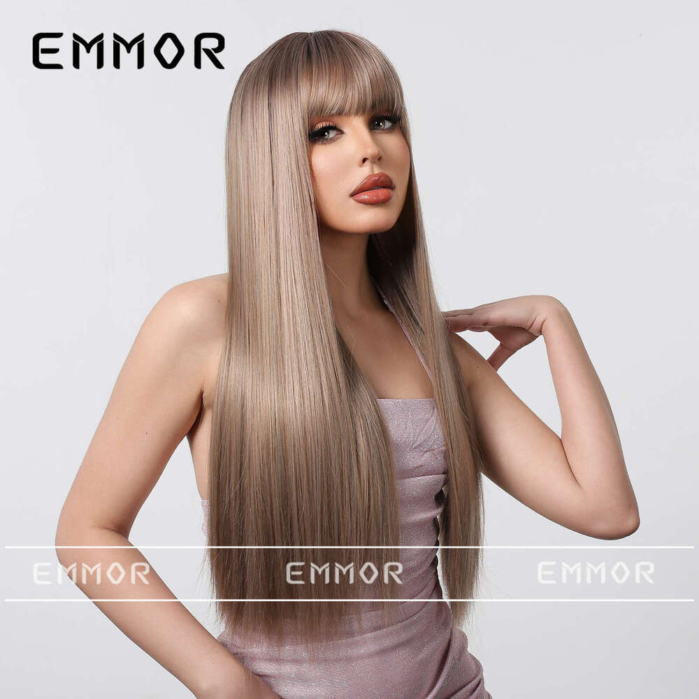 2024 New Product Bangs Champagne Brown Long Straight Elegant Goddess Wig Full Head Hairstyle Hair