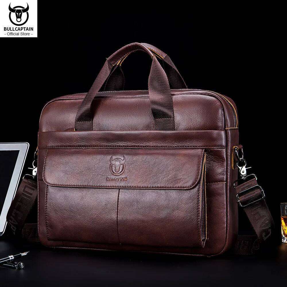 BULLCAPTAIN Genuine Men Briefcase Laptop 14 Messenger Men's Leather Bag Business Portfolio For Document A4