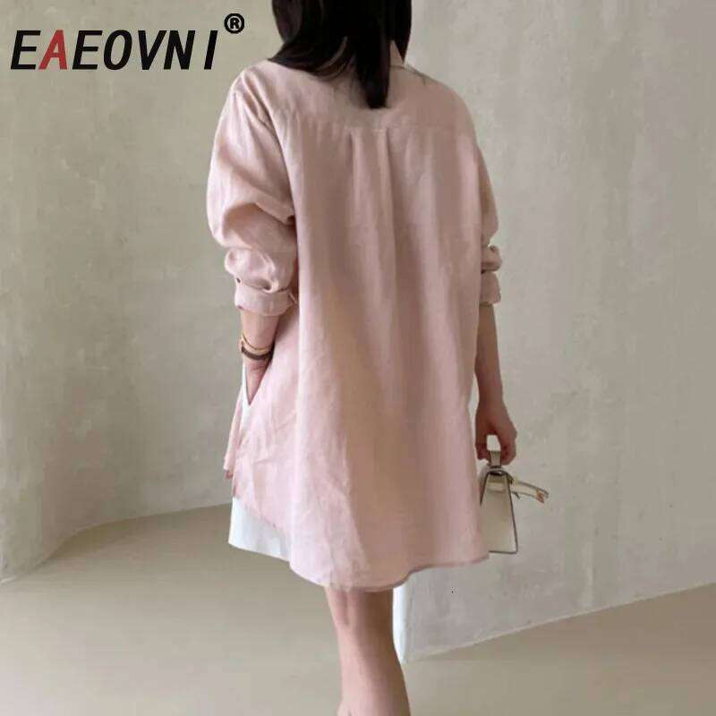 EAEOVNI Sunscreen Linen Blouse For Women Lace-Up Split Design Long Sleeve Solid Color Shirt 2025 New Clothing 1A1140