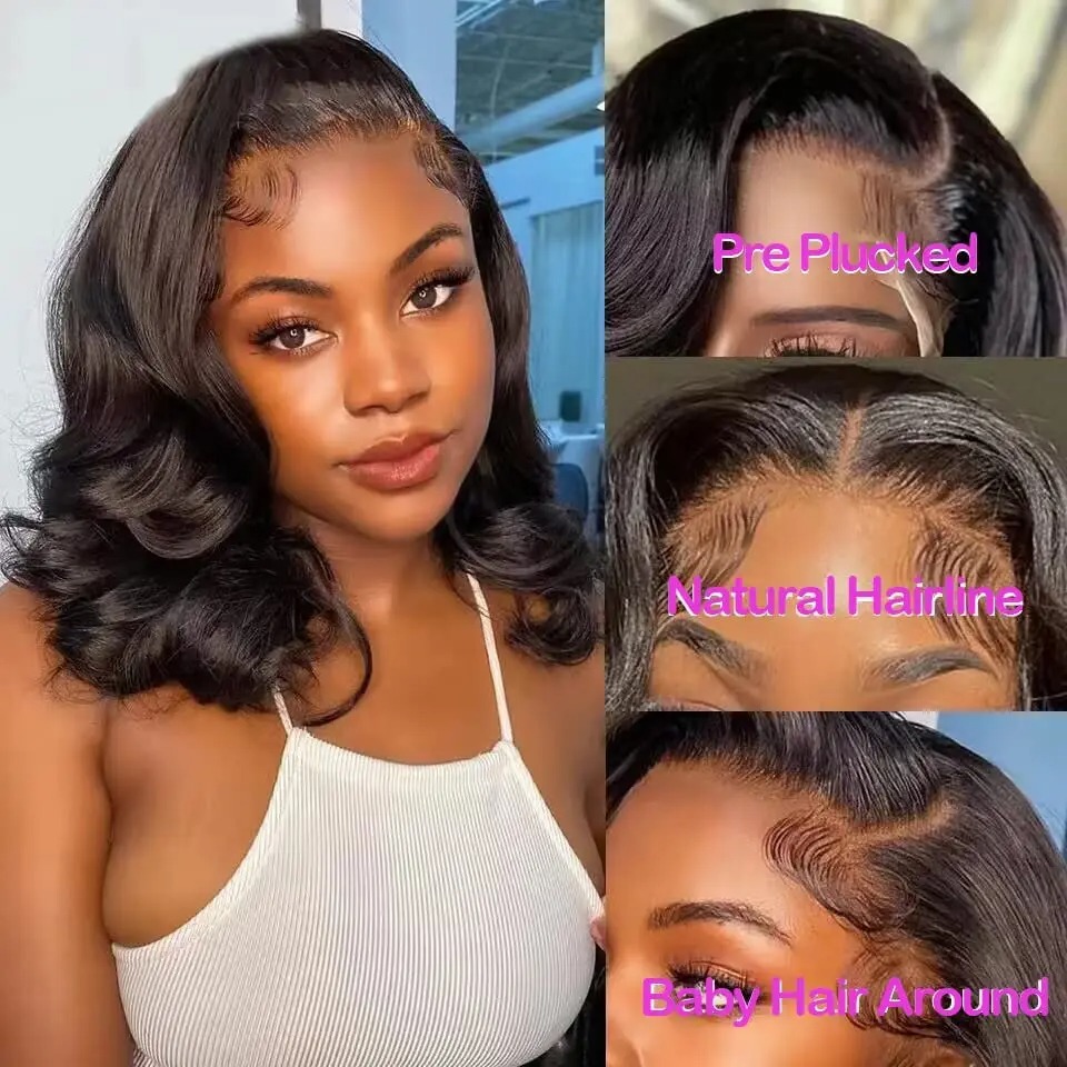 200 Density Brazilian Body Wave Short Bob 13x6 Transparent Lace Front Human Hair Wigs HD Pre Plucked Synthetic Lace Frontal Wig For Women