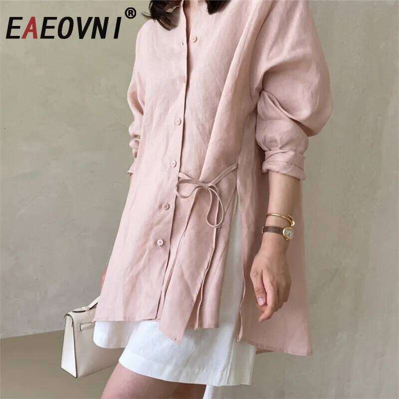 EAEOVNI Sunscreen Linen Blouse For Women Lace-Up Split Design Long Sleeve Solid Color Shirt 2025 New Clothing 1A1140