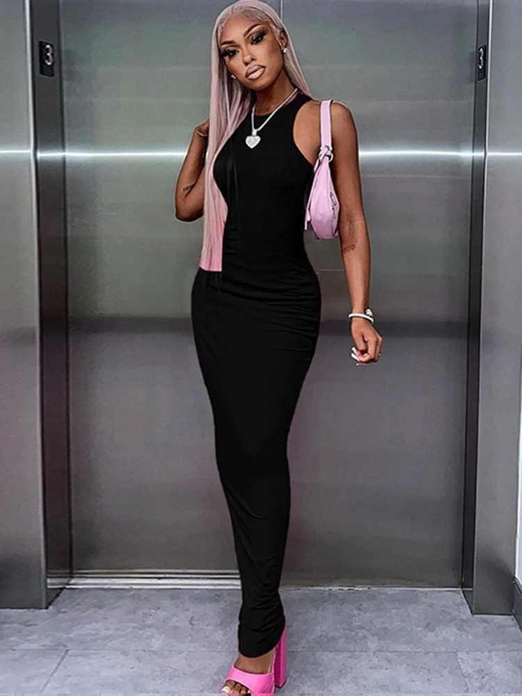 Hugcitar Ribbed Sexy Y2K Clothes Sleeveless Bodycon Maxi Dresses For Women Club Birthday Party Streetwear Elegant Outfits XJ250610
