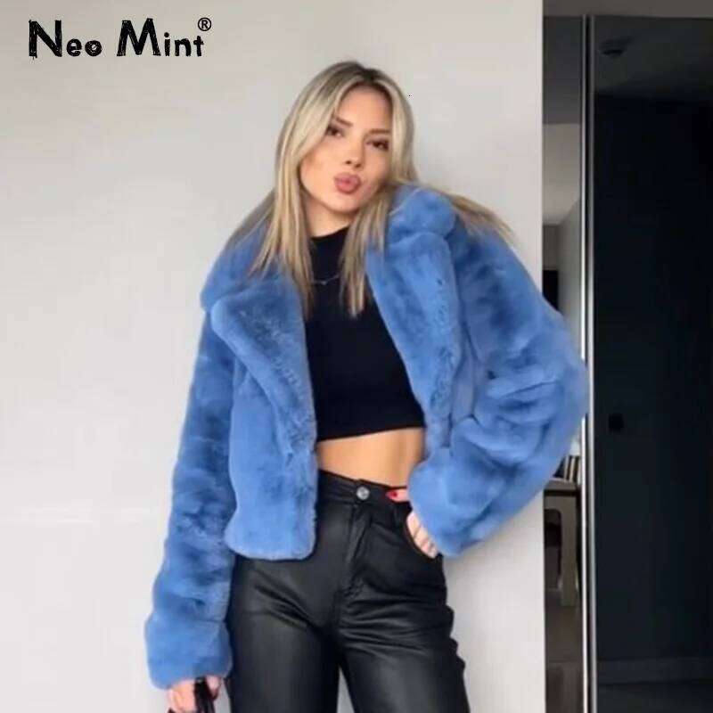 Ins Chic Street Fashion Girls Blue Cropped Plush Coat Women Winter 2024 New Trend Faux Rabbit Fur Jacket Coats Short Outwear