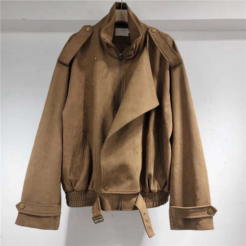 WTHT Fashion Trendy Women's Suede Fabric Long Sleeves Jacket 2025 Spring New Stand Collar Zipper Coat Female 1LS1076